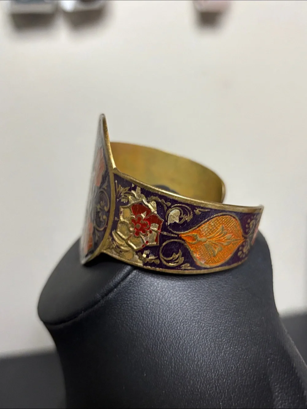 Vintage Chinese Cloisonne Enamel Floral Cuff Brass Bracelet Purple Orange